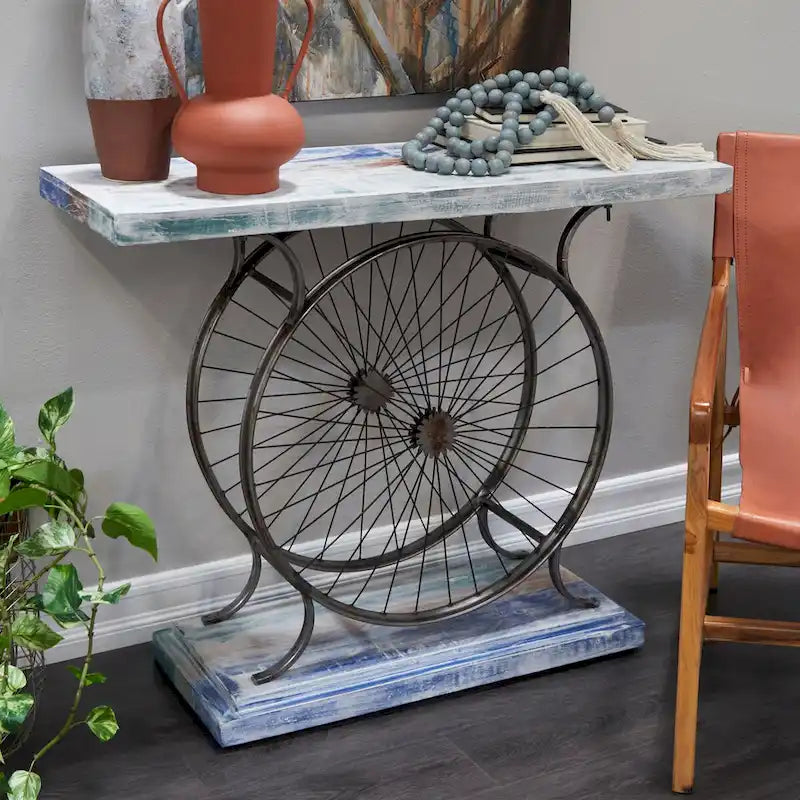 Console industrielle marron/bleu avec châssis à deux roues et base étagée
