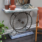 Console industrielle marron/bleu avec châssis à deux roues et base étagée