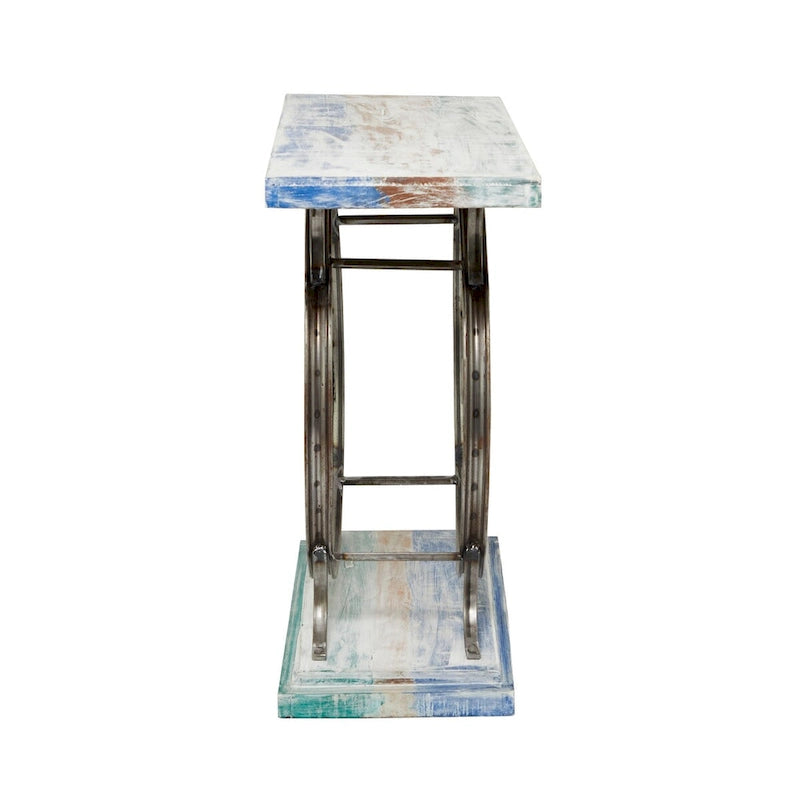 Console industrielle marron/bleu avec châssis à deux roues et base étagée