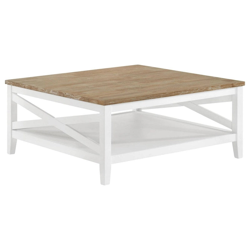 Table basse en X de style campagnard, blanc et marron