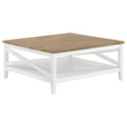 Maise 39 Inch Coffee Table, Rustic Wire Brushed Wood Top, Brown and White