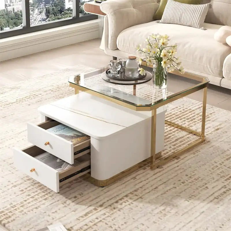 Tables basses gigognes carrées Golden White / Golden Black avec tiroirs, lot de 2