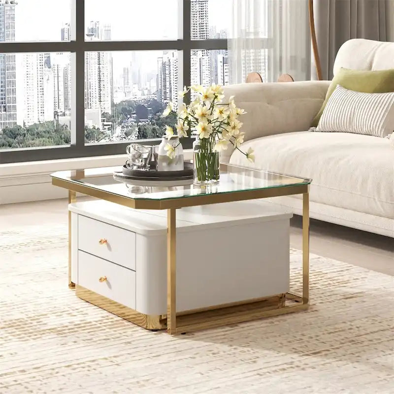 Tables basses gigognes carrées Golden White / Golden Black avec tiroirs, lot de 2