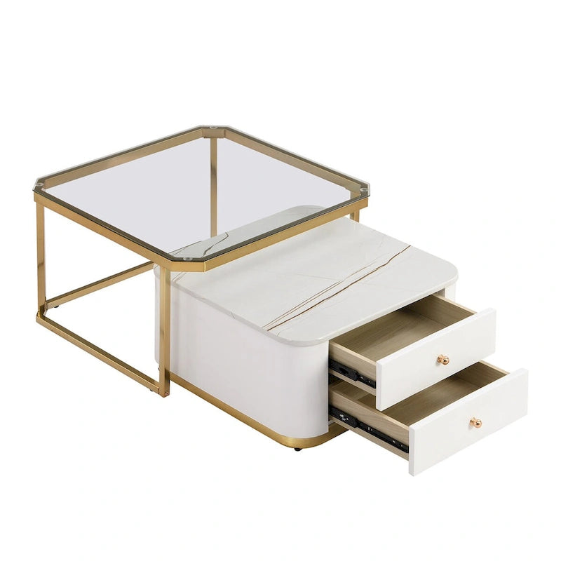 Tables basses gigognes carrées Golden White / Golden Black avec tiroirs, lot de 2