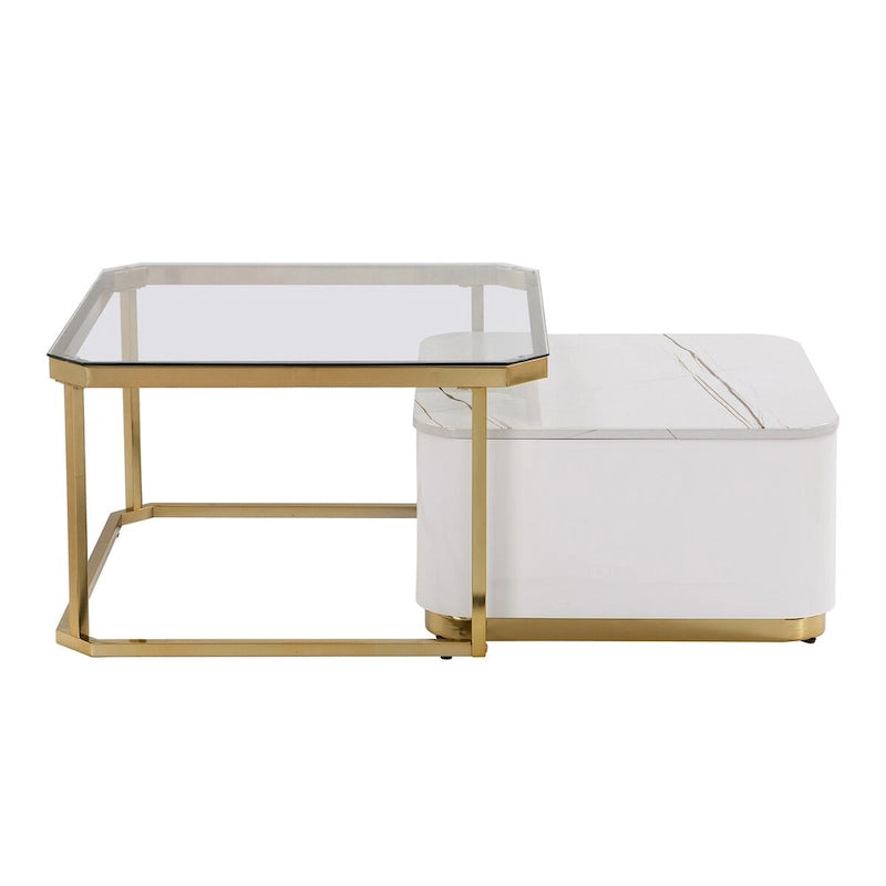 Tables basses gigognes carrées Golden White / Golden Black avec tiroirs, lot de 2