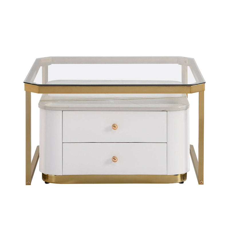 Tables basses gigognes carrées Golden White / Golden Black avec tiroirs, lot de 2