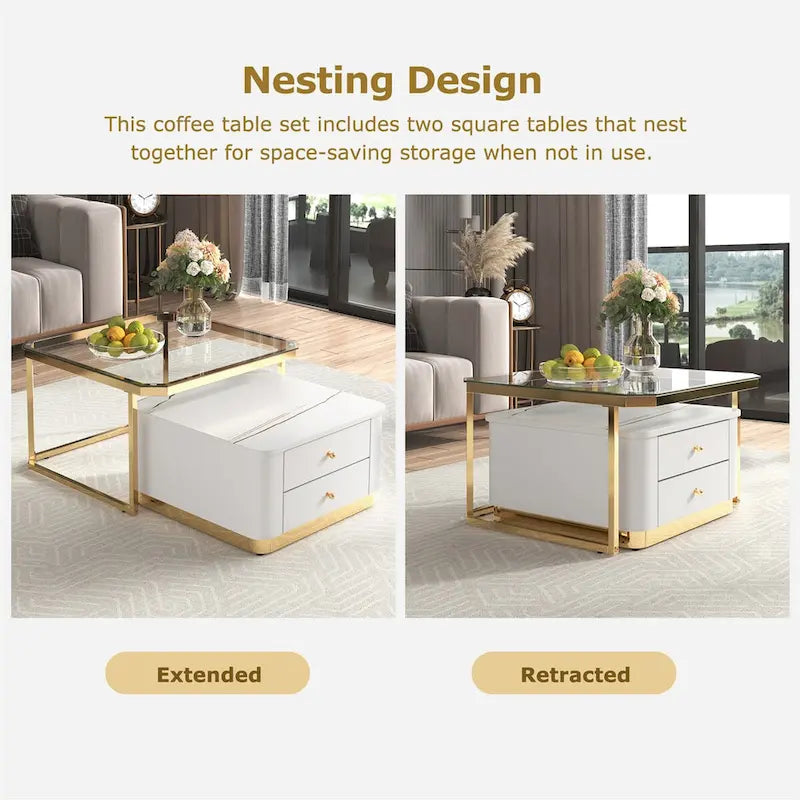 Tables basses gigognes carrées Golden White / Golden Black avec tiroirs, lot de 2