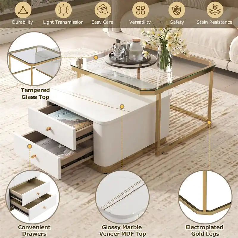 Tables basses gigognes carrées Golden White / Golden Black avec tiroirs, lot de 2