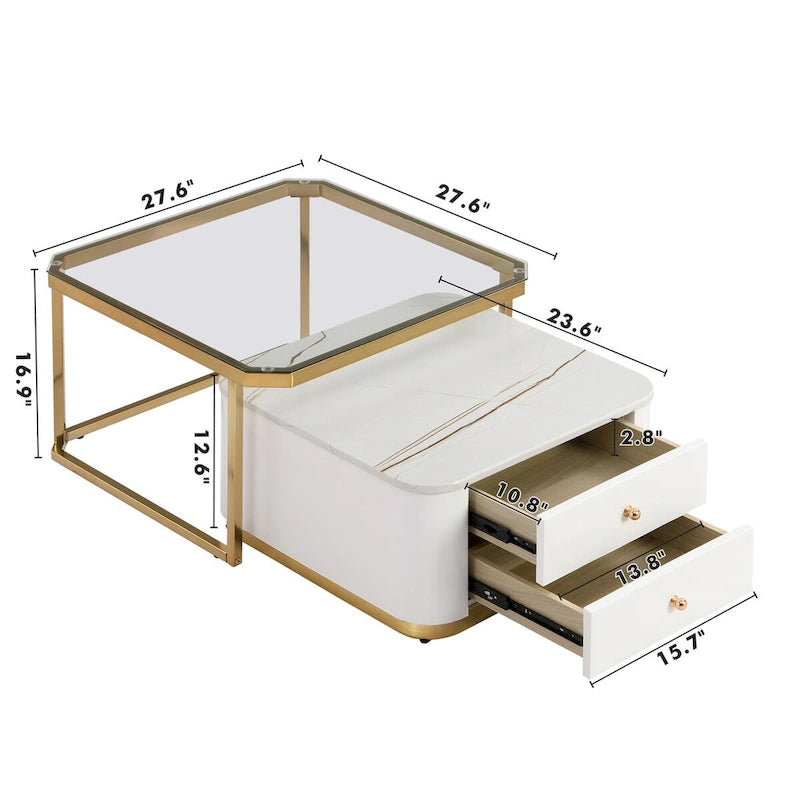 Tables basses gigognes carrées Golden White / Golden Black avec tiroirs, lot de 2