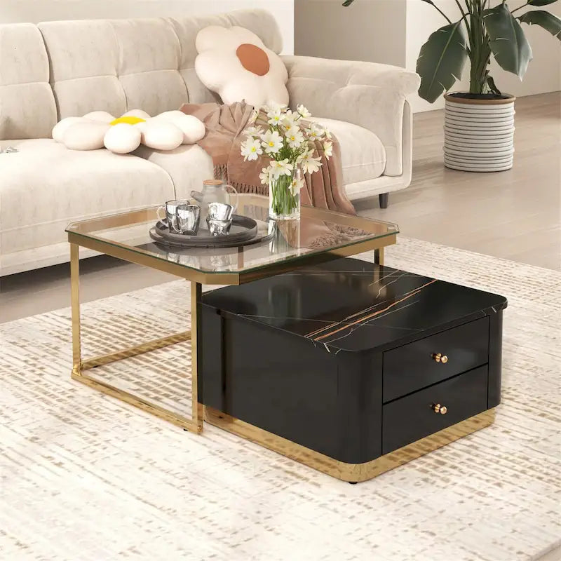 Tables basses gigognes carrées Golden White / Golden Black avec tiroirs, lot de 2