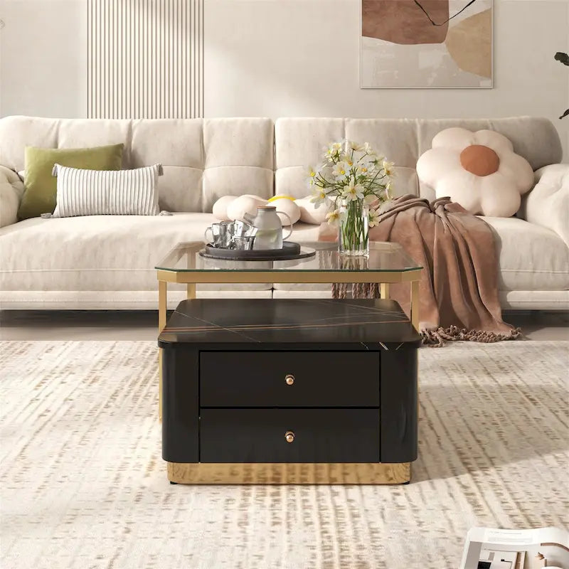 Tables basses gigognes carrées Golden White / Golden Black avec tiroirs, lot de 2