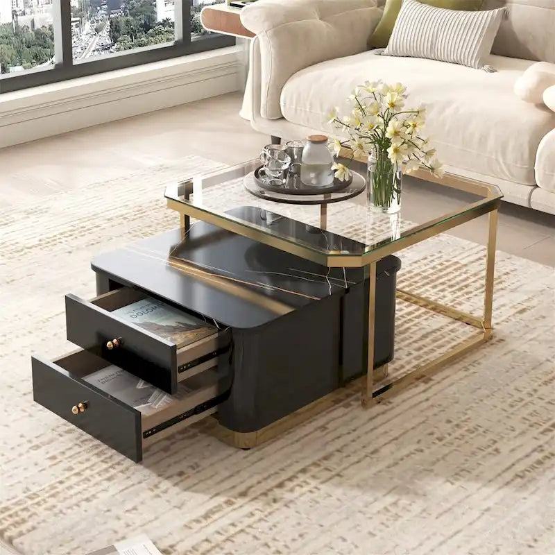 Tables basses gigognes carrées Golden White / Golden Black avec tiroirs, lot de 2
