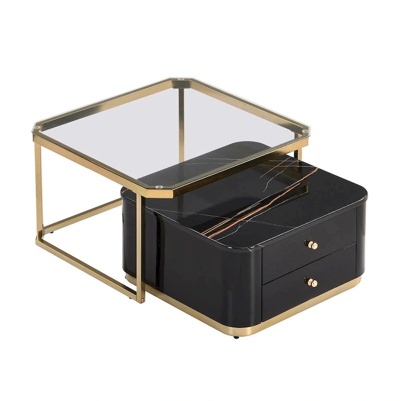 Tables basses gigognes carrées Golden White / Golden Black avec tiroirs, lot de 2