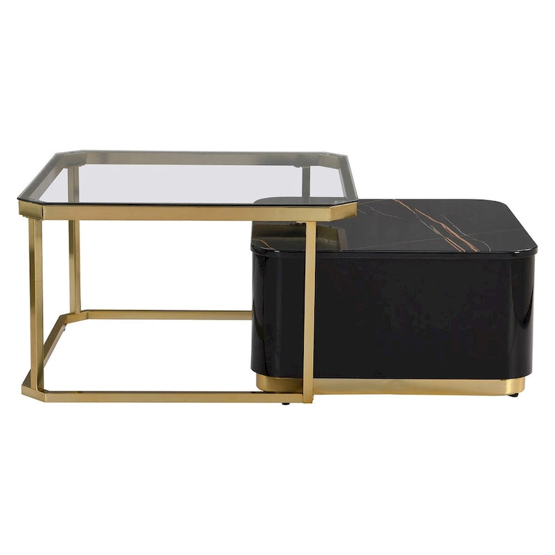 Tables basses gigognes carrées Golden White / Golden Black avec tiroirs, lot de 2