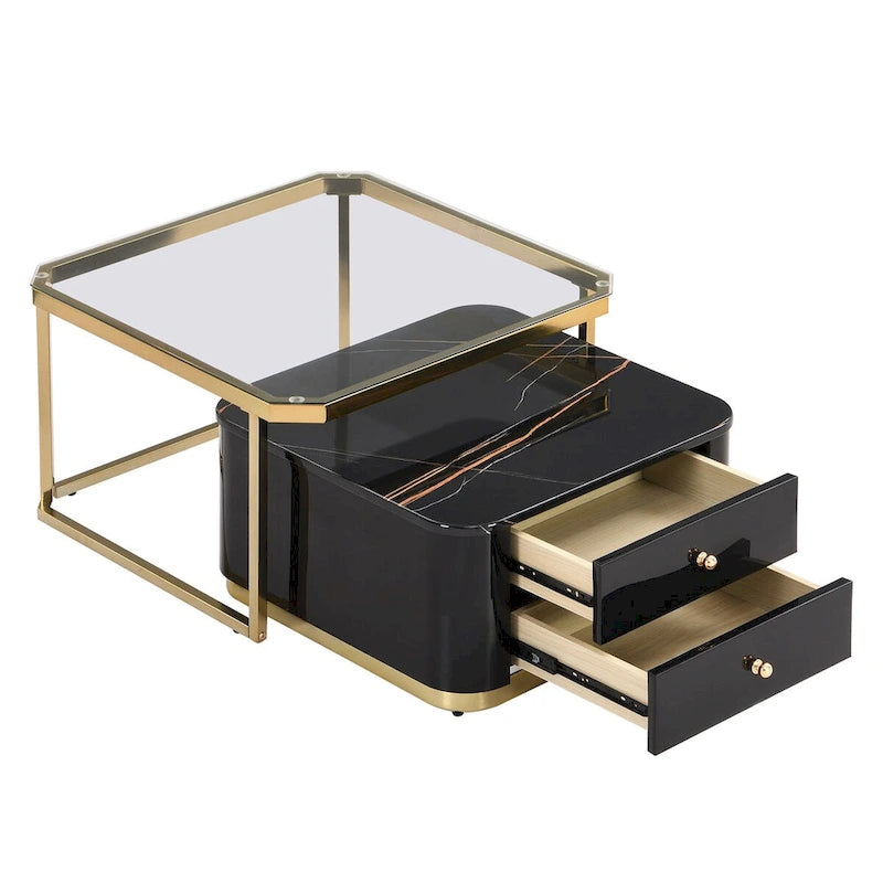 Tables basses gigognes carrées Golden White / Golden Black avec tiroirs, lot de 2