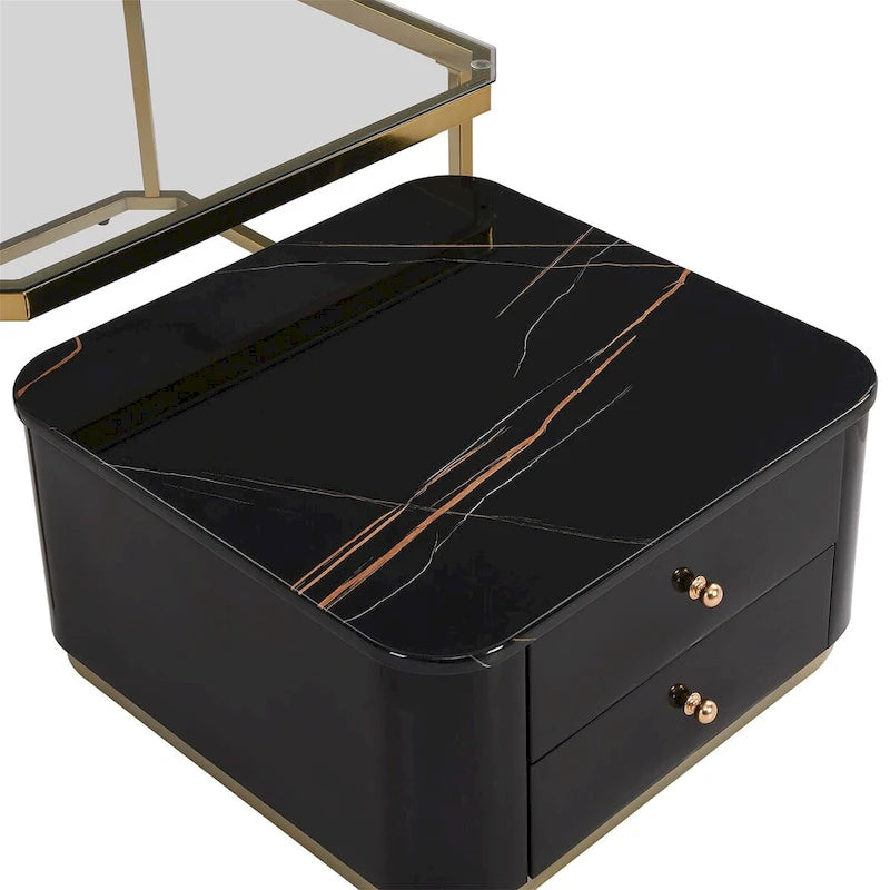 Tables basses gigognes carrées Golden White / Golden Black avec tiroirs, lot de 2