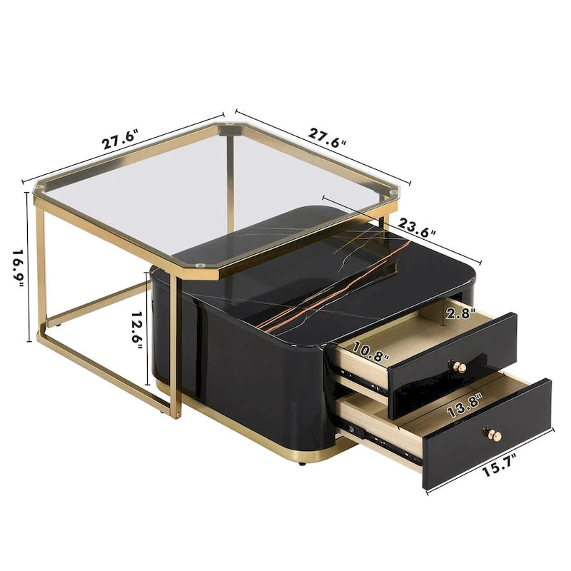 Tables basses gigognes carrées Golden White / Golden Black avec tiroirs, lot de 2