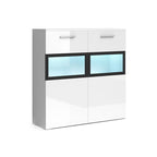 Buffet deux portes blanc/chêne avec vitrine en verre et LED
