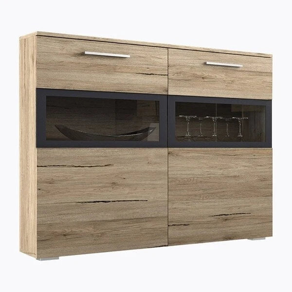 Buffet deux portes blanc/chêne avec vitrine en verre et LED