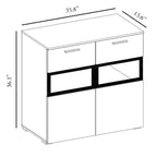 Buffet deux portes blanc/chêne avec vitrine en verre et LED