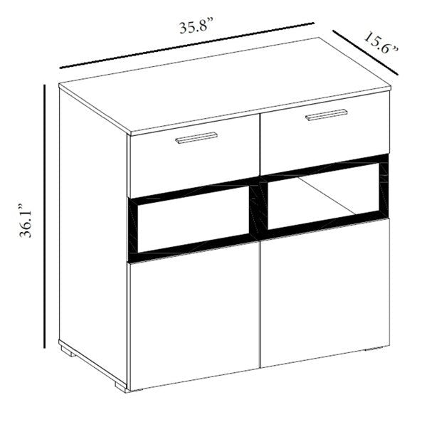 Buffet deux portes blanc/chêne avec vitrine en verre et LED