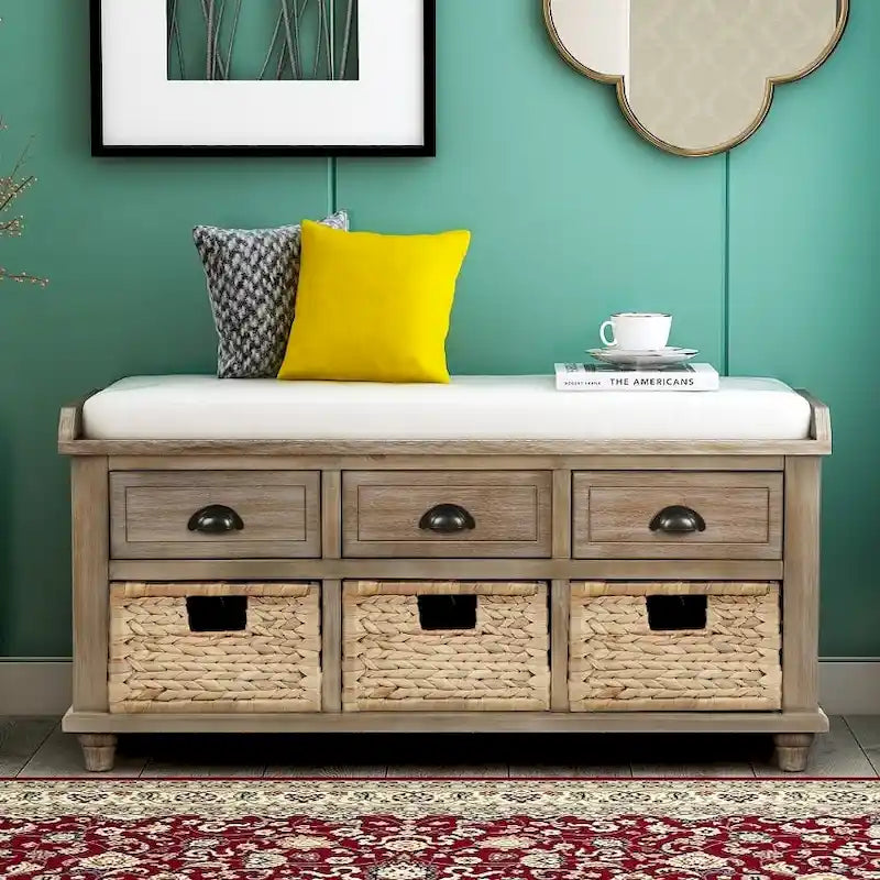Banc de rangement rustique avec 3 tiroirs et 3 paniers en rotin, banc à chaussures pour salon, entrée