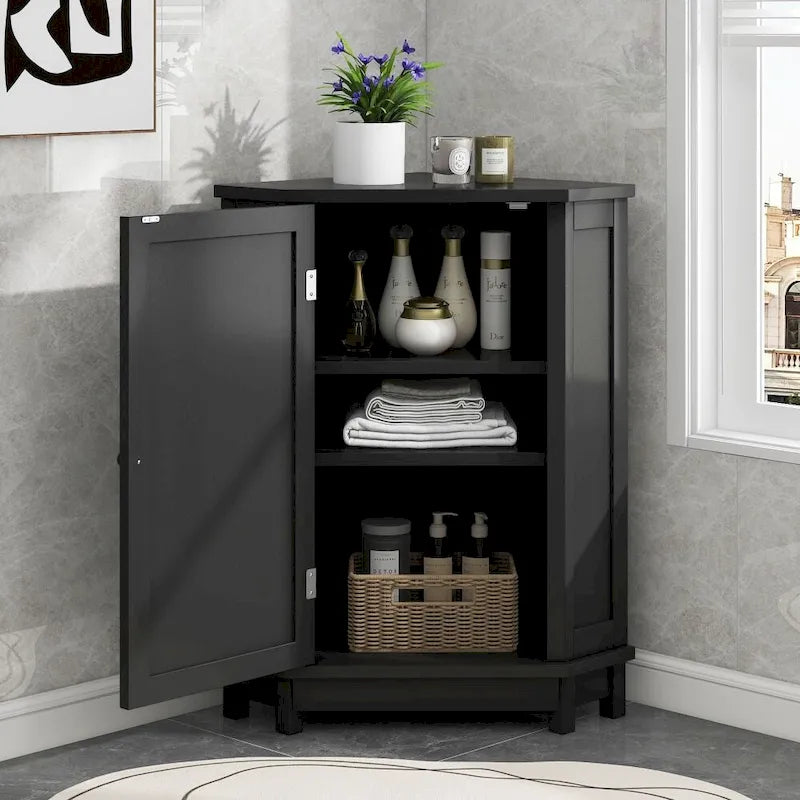 Meuble de salle de bain d'angle noir, finition naturelle, 3 étagères, simple