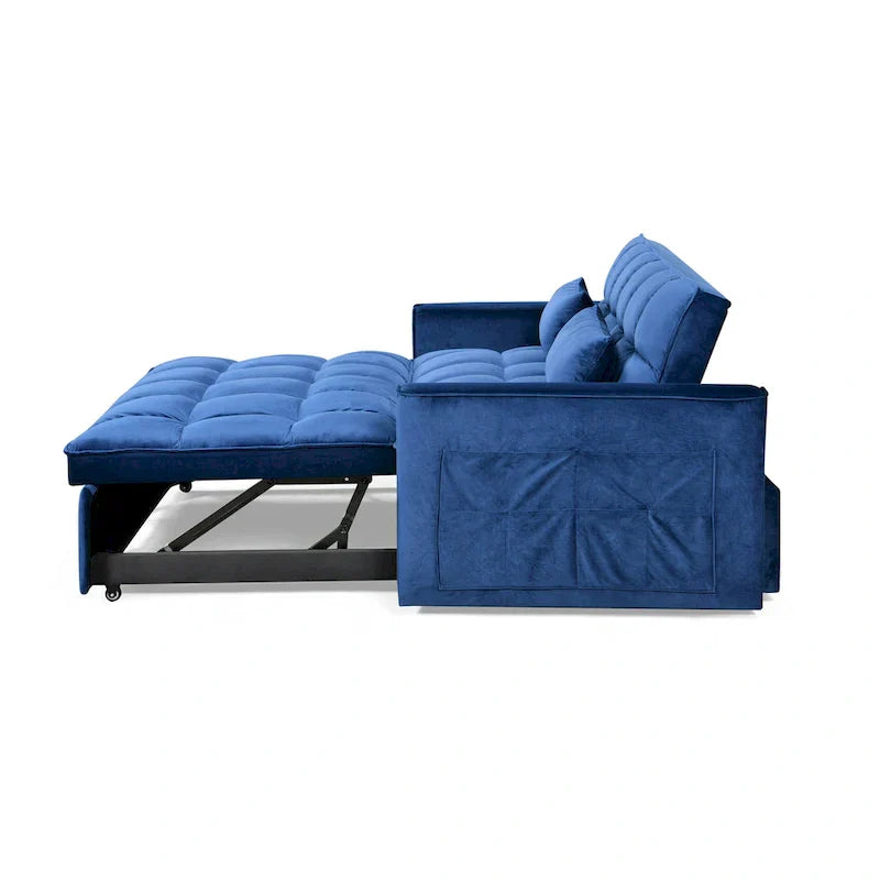 Canapé Futon Moderne en Velours avec Dossier Inclinable et Poches, 2 Places – Gris Foncé / Gris Clair / Bleu / Noir