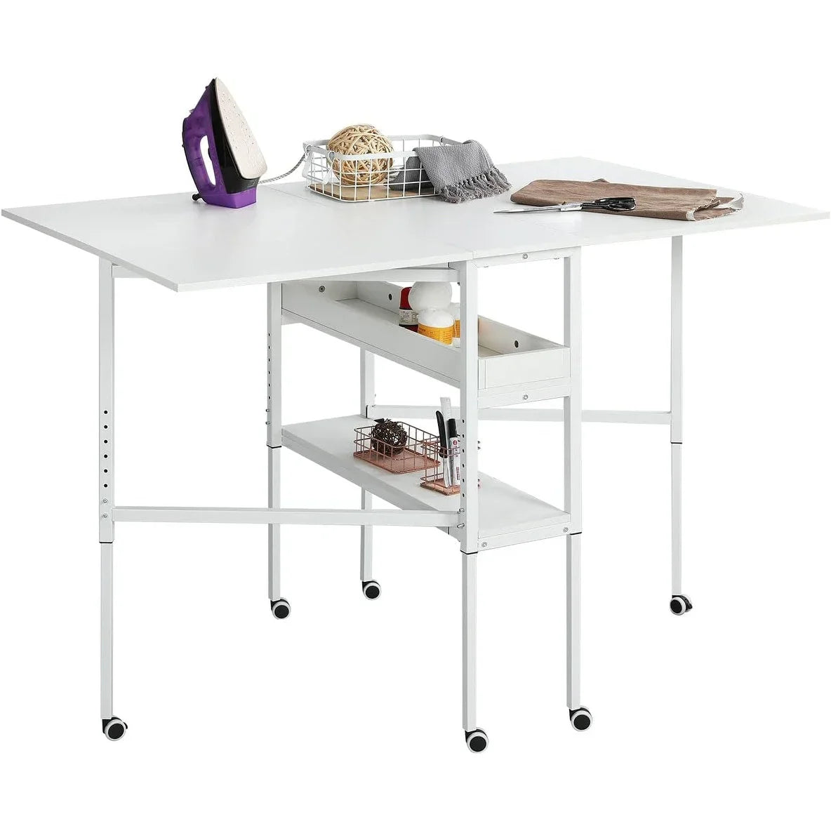 Table artisanale réglable en hauteur avec étagères de rangement, table de coupe pliante mobile pour bureau à domicile, salle de couture, salle d'artisanat