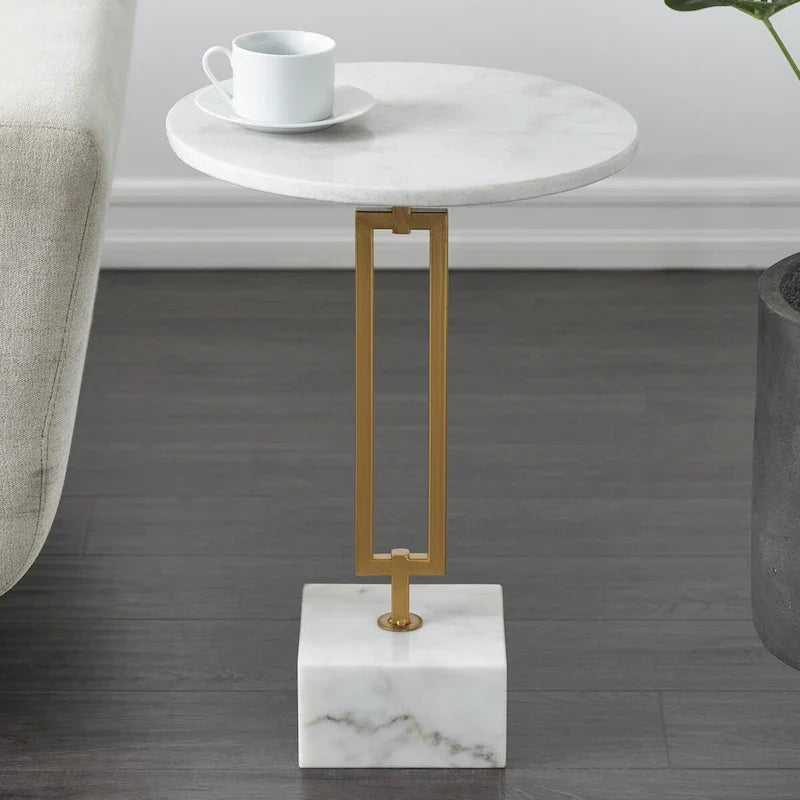 Table d'appoint géométrique en marbre avec support rectangulaire en métal doré - Blanc