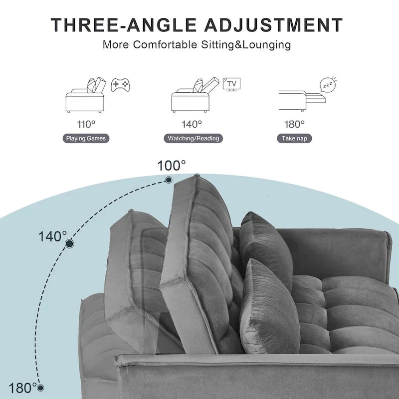 Canapé Futon Moderne en Velours avec Dossier Inclinable et Poches, 2 Places – Gris Foncé / Gris Clair / Bleu / Noir