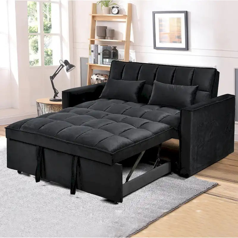 Canapé Futon Moderne en Velours avec Dossier Inclinable et Poches, 2 Places – Gris Foncé / Gris Clair / Bleu / Noir
