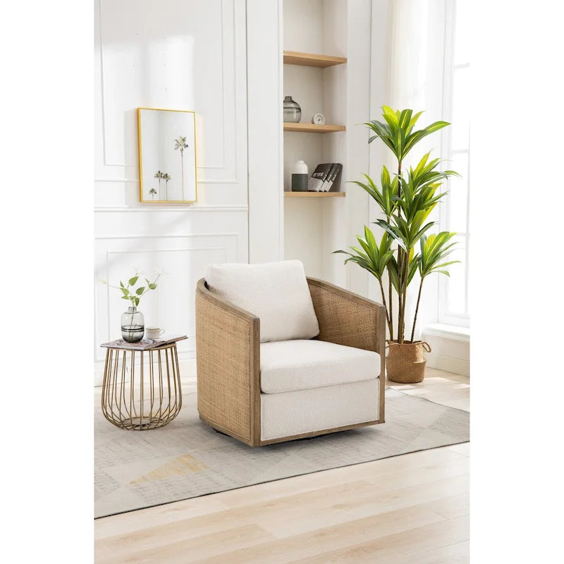 Fauteuil pivotant, fauteuil d'appoint rond confortable, fauteuil club pivotant à 360 degrés, fauteuil de loisirs avec cadre en rotin tressé