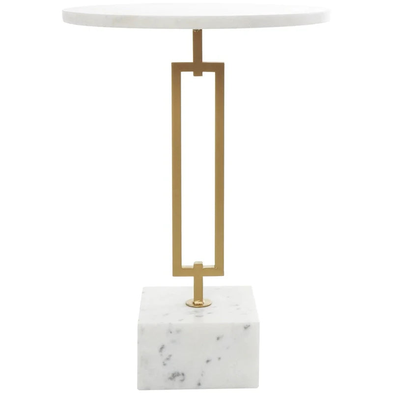 Table d'appoint géométrique en marbre avec support rectangulaire en métal doré - Blanc